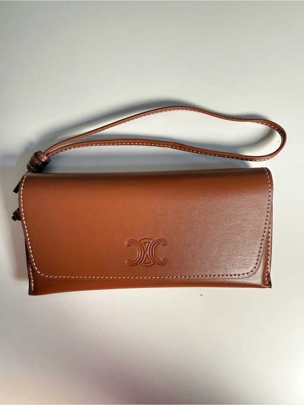 Brown Leather Wristlet Celine sunglasses case with Embossed Celine Triomphe logo